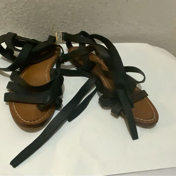 Sibyl Vane black flat  Leather Sandal w Ankle Ties 39 - Picture 3 of 9